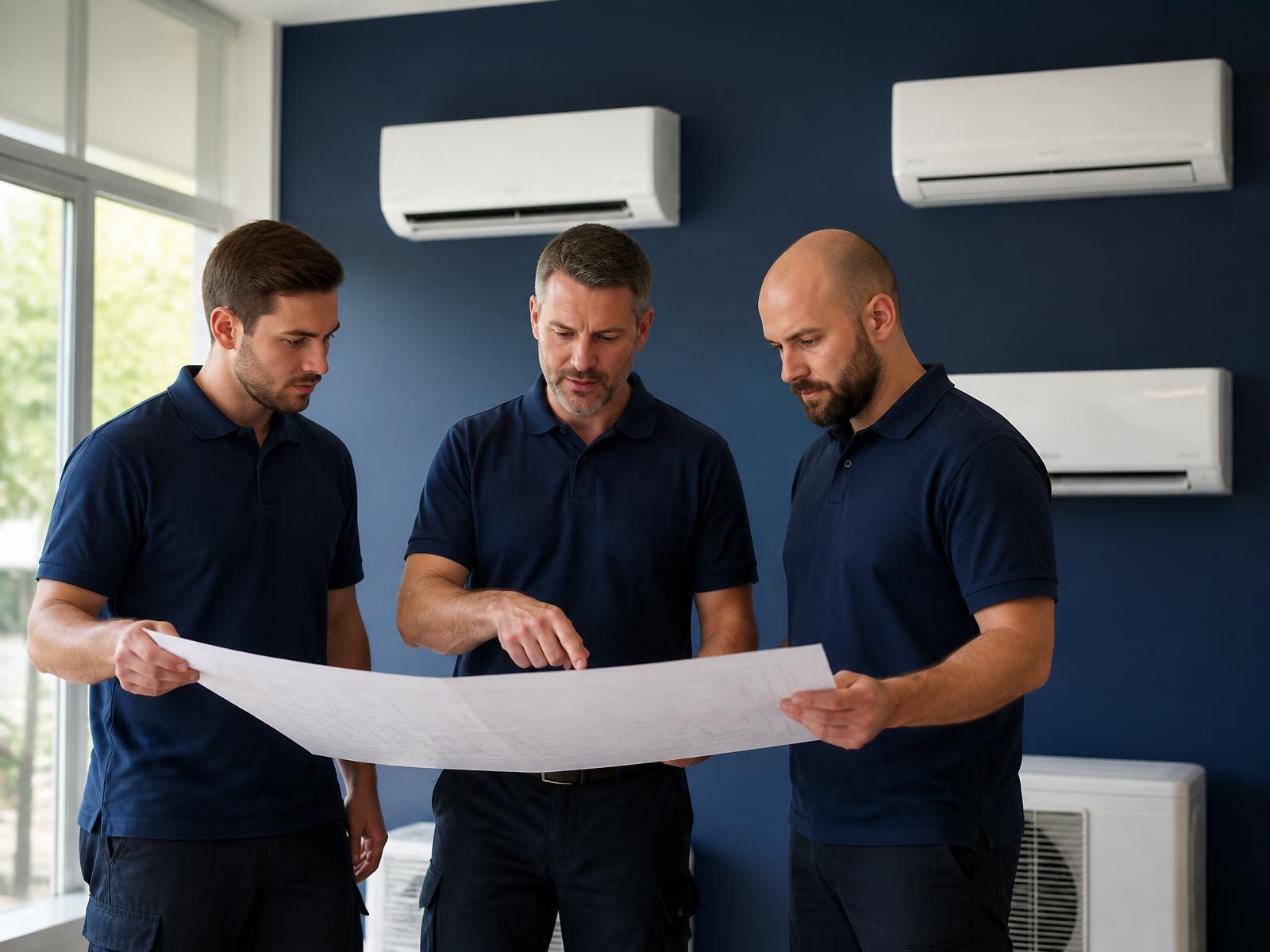 Equipo de técnicos de JOQuefrío revisando el plano de una instalación en el showroom de Chamberí