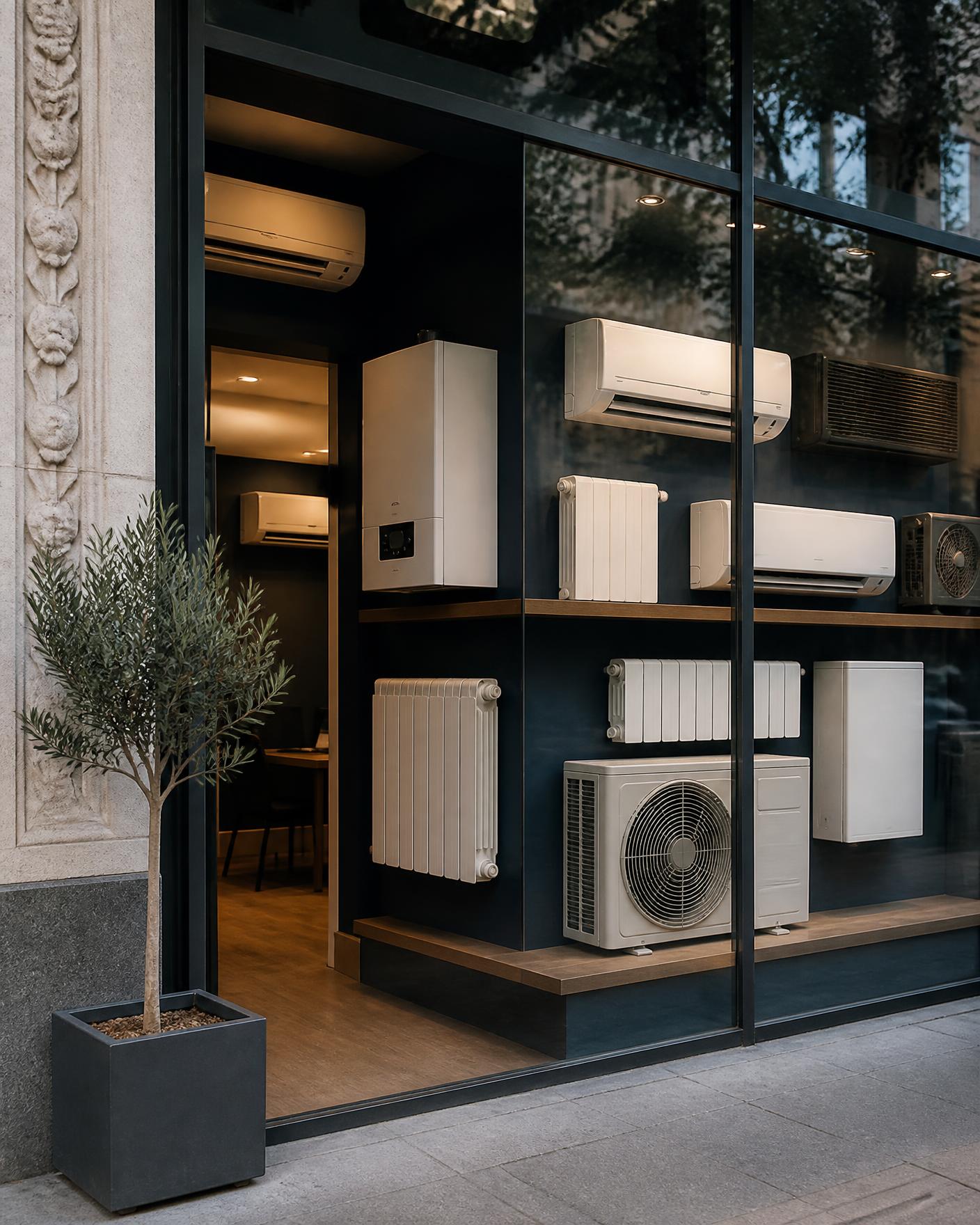 Escaparate del taller y showroom de JOQuefrío en Bravo Murillo 60, Chamberí, con equipos de aire acondicionado, caldera y radiadores expuestos