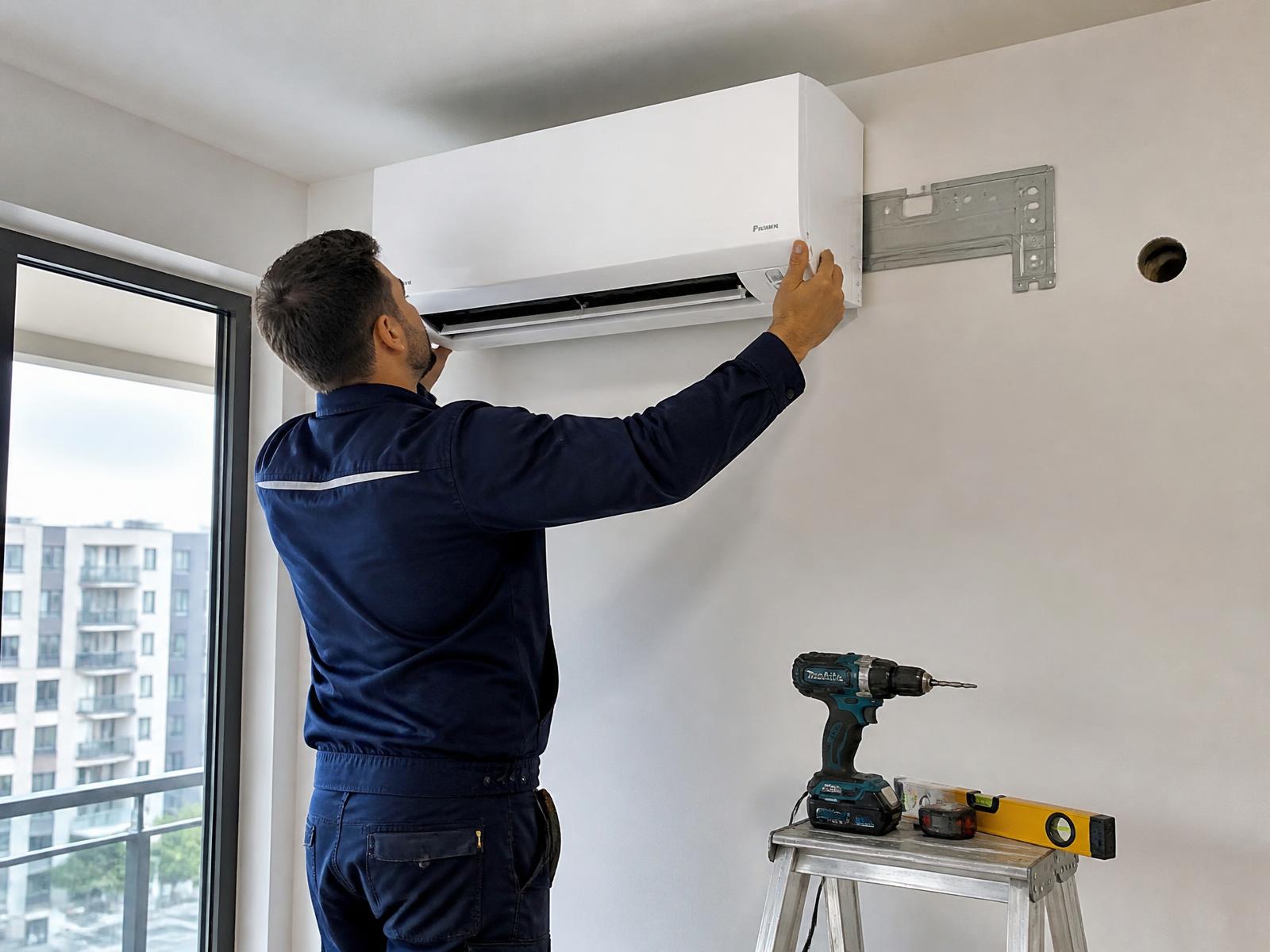 Técnico de JOQuefrío montando la unidad interior de un split de aire acondicionado en una vivienda